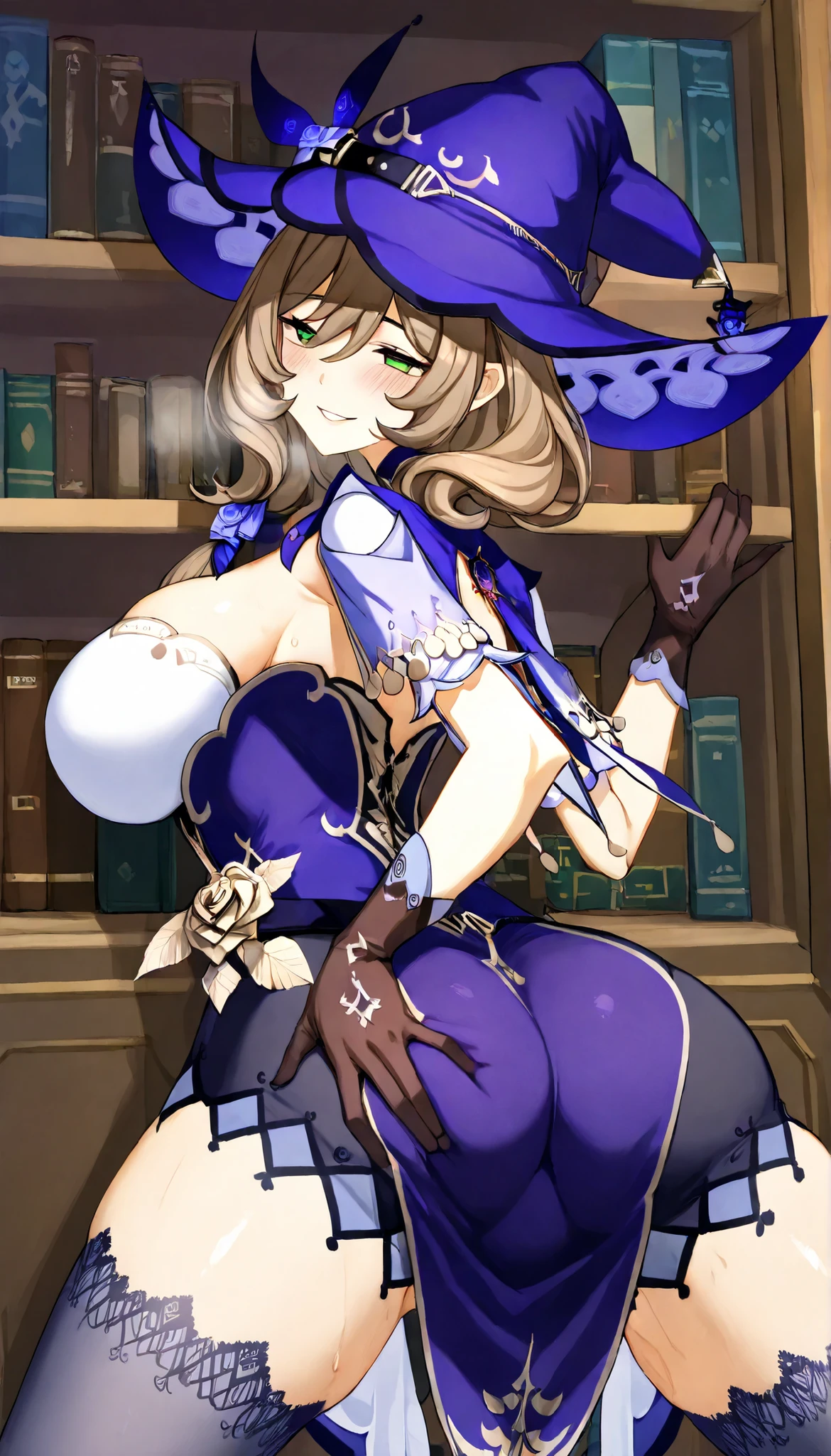 ((masterpiece)),(((best quality))),(character design sheet, same character, front, side, back, up), illustration, 1 girl, genshin impact style, full body, witch , purple witch hat, long black hair, medium breasts, purple mini skirt, corset, white shirt, open legs, black panties, exposed panties, thick mules, tight stockings, white background, beautiful woman, deep pink skin