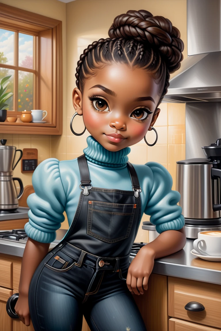 4 years old girl wearing a blue shirt and skirt, trying to remember something with her finger on her chin. in a nice modern kitchen, close up shot,
African (masterpiece best quality:1.2) delicate illustration ultra-detailed, illustrations, bright, colourful,