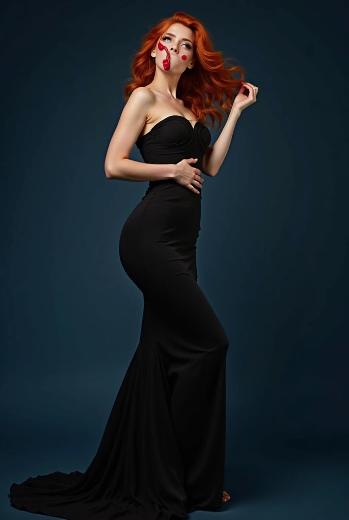 You can create a single 2 Scottish woman with light red hair, with a very elegant black and red dress, semi-gothic but formal