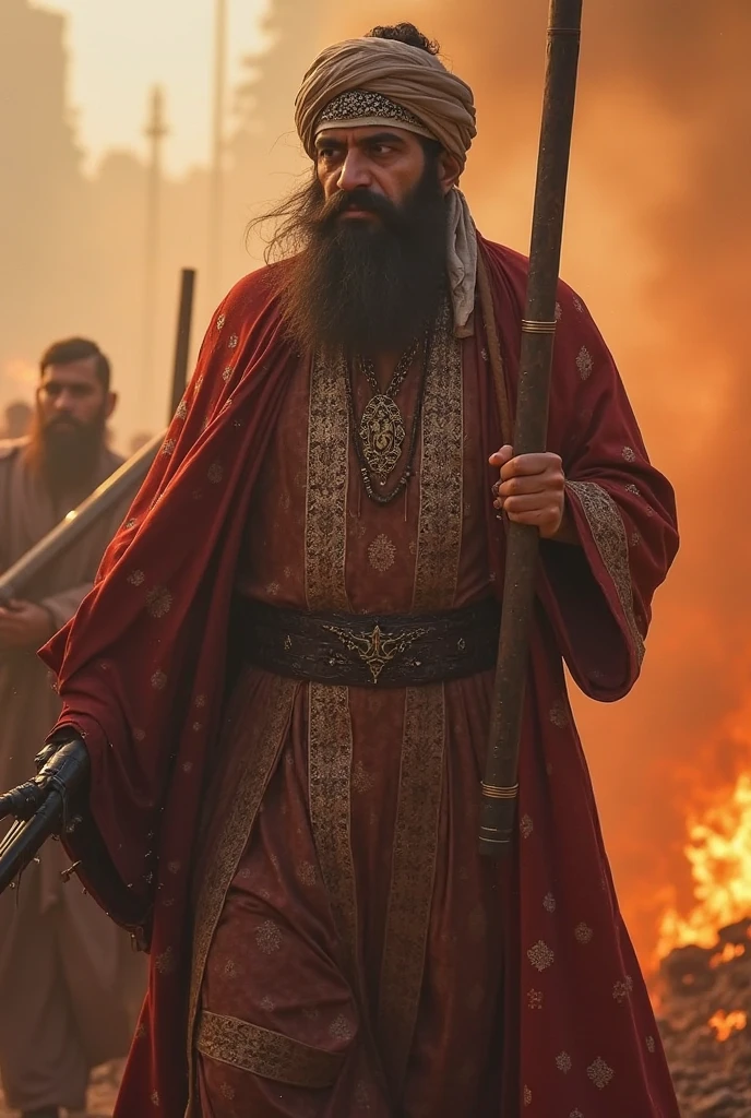 Taliban leader, big bearded, white afghan clothes with big blood stains, black waist coat, big white afghan turban,USA very big flag around his body ,very huge and tall piles of dollars, laughing loudly, big slavery chain around his neck and body, smoke and fire around