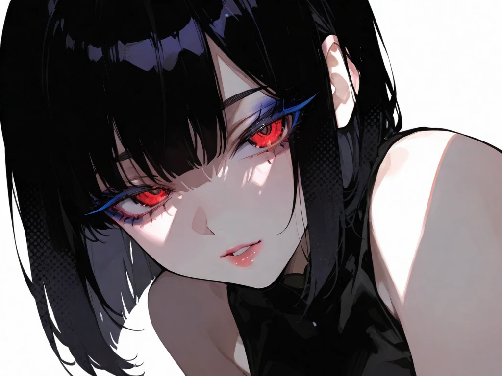 "inside of a car, Beautiful woman, a captivating gaze, fascinated expression, mesmerizing eyes, ?????? temptation、Dramatic makeup、red makeup、Pinky Pink Lip Stick、eye make up、mascara、eye liner、eye shadow、Beautiful red eyes、Black clothe、Dark hair、Dark interior at night