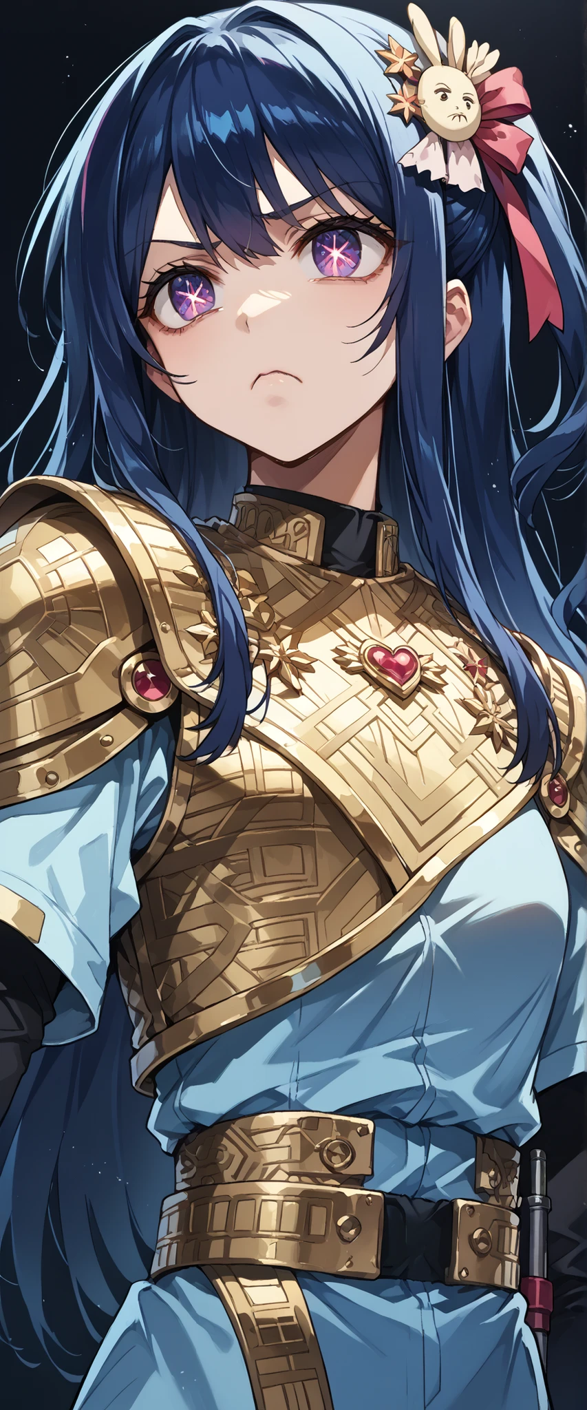 score_9, score_8_up, score_7_up,source_anime,BREAK, solo 1
hoshino_ai_oshi_no_ko, with blue hair
dressed in a body uniform. metallic silver, with deep reds, blacks, or gold accents embodied deadpan sly bored expression