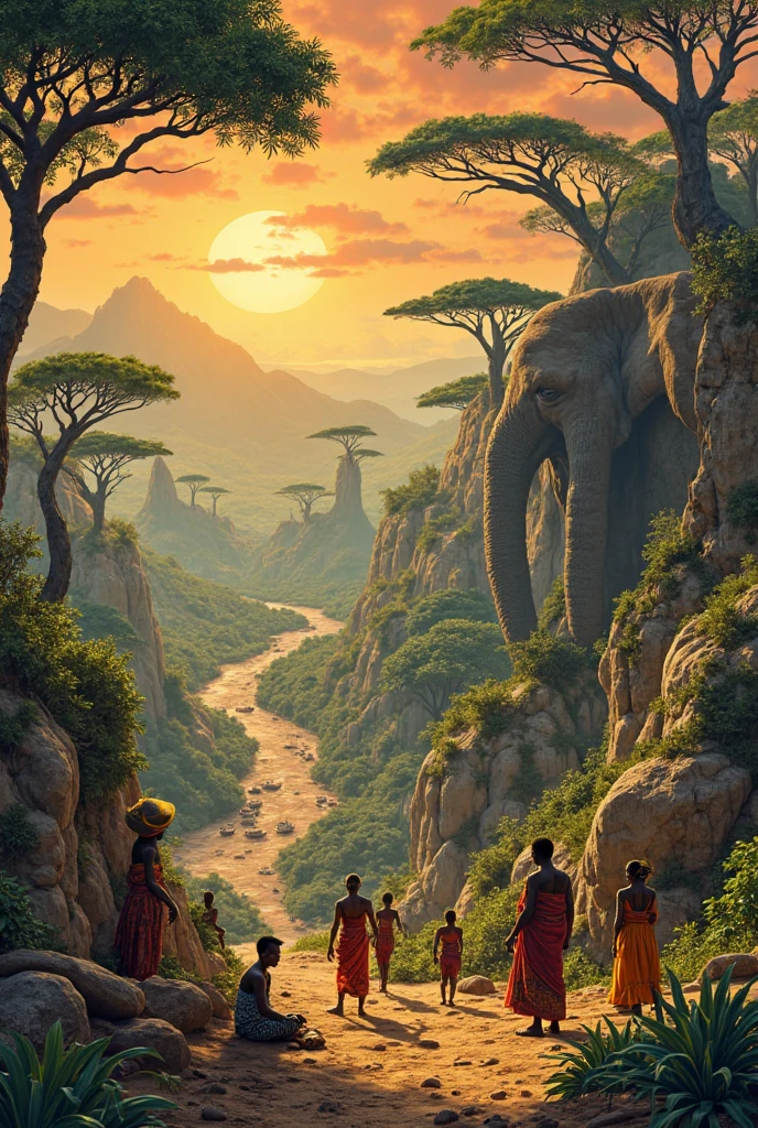 Africa, sunny day, Mount Kilimanjaro, snow-capped peak, at the foot of the mountain there is a corn field, huge elephants in the field, small black Maasai tribesmen drive them away with sticks and pots, Monet style.