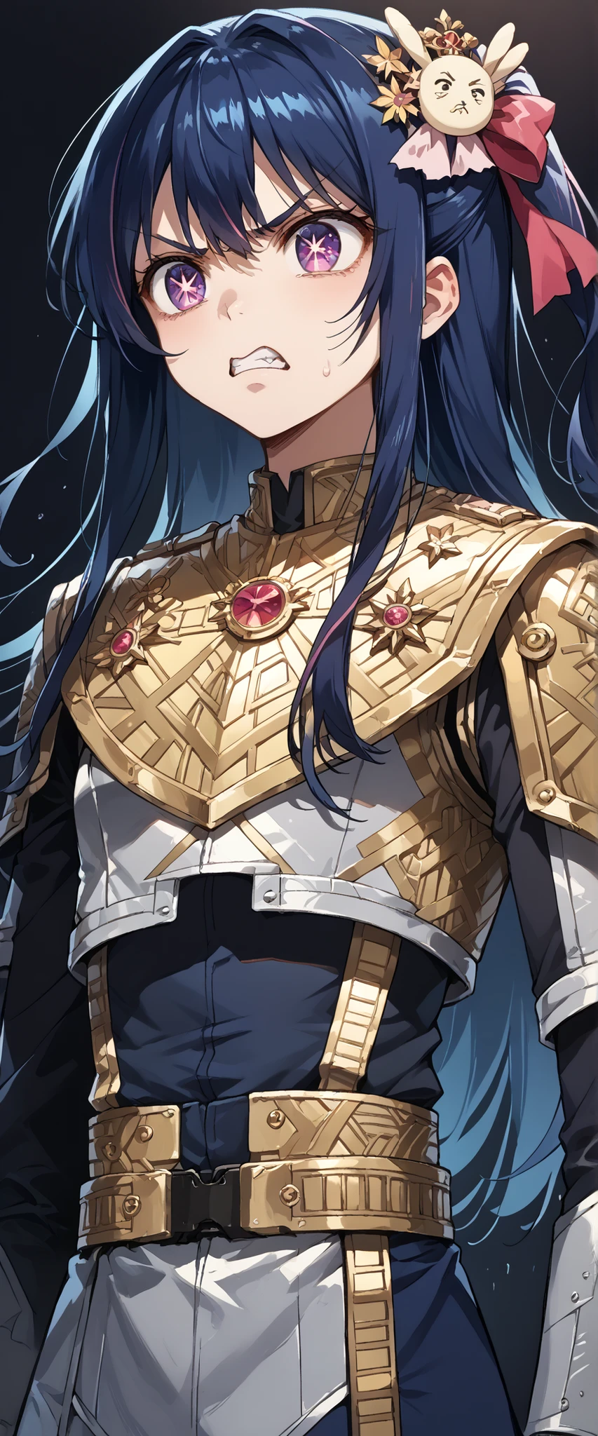 score_9, score_8_up, score_7_up,source_anime,BREAK, solo 1 
hoshino_ai_oshi_no_ko, with blue hair
  dressed in a body uniform. metallic silver, with deep reds, blacks, or gold accents embodied angry expression


