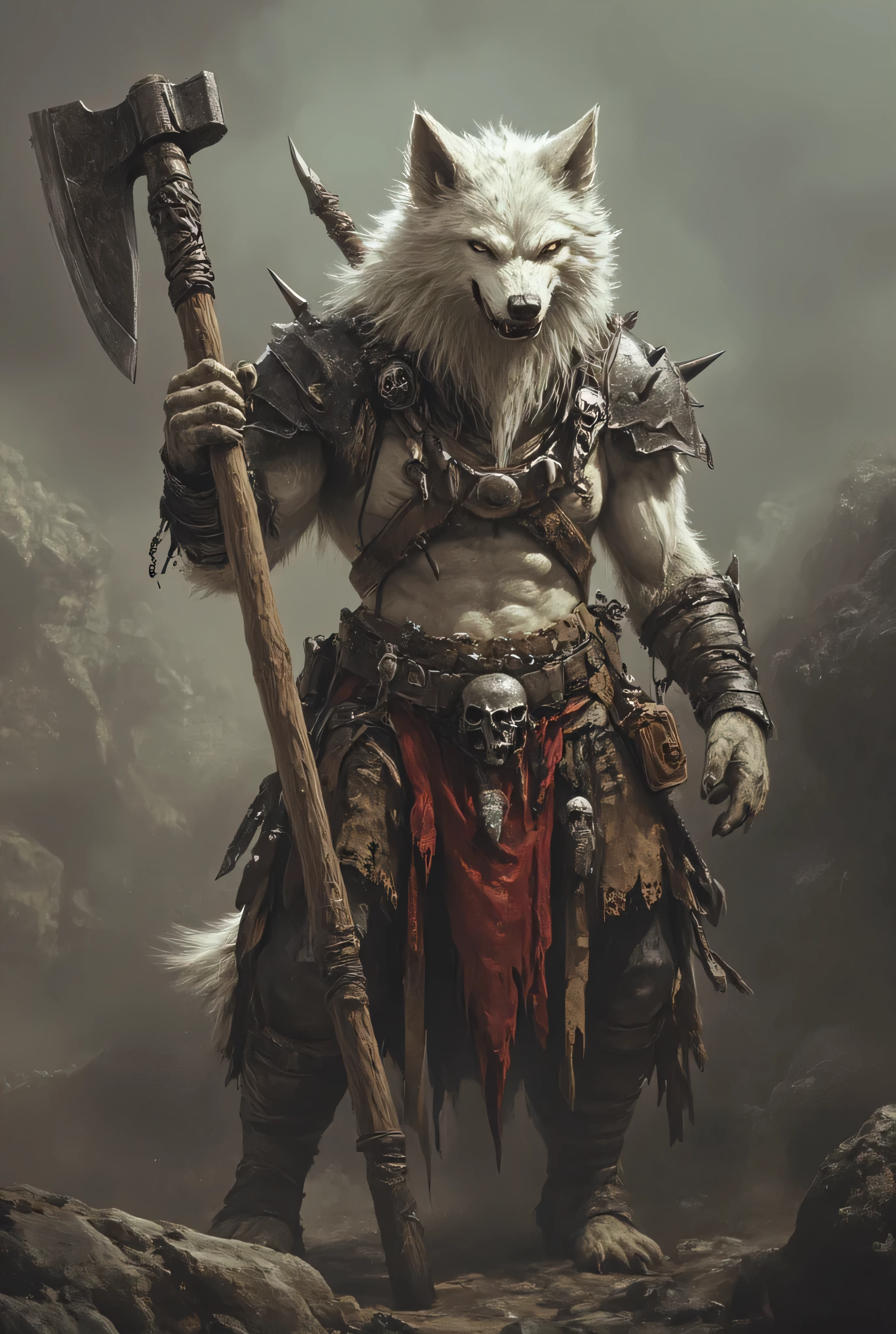 (anthropomorphic wolf warrior standing in a rocky, rugged landscape. The wolf, with its white fur, stands upright on two legs, exhibiting her canine features. She has a fierce expression, with sharp teeth bared, and its eyes are intense and focused. The wolf's fur is textured with a realistic look, adding to the sense of strength and ferocity. The warrior is dressed in rugged, worn-out armor made of leather and metal, with various straps, belts, and pieces of cloth hanging off. The armor is heavily detailed, showing signs of wear and tear, with metal plates and spikes giving it a menacing appearance. The warrior's attire includes a red, tattered loincloth and a metal bracer on its left arm, decorated with a skull emblem. The warrior wields a large, double-bladed axe with a dark, metallic sheen, which is held confidently in its right hand), anthr0dnd, Gul'dan, dark fantasy character, character concept art, minimalist design, 8K, photorealistic, masterpiece, ultra-detailed, vivid colors, dramatic lighting, moody atmosphere, cinematic composition, simple dim background, ethereal elegance, intricate textures, seamless blend of realism and fantasy