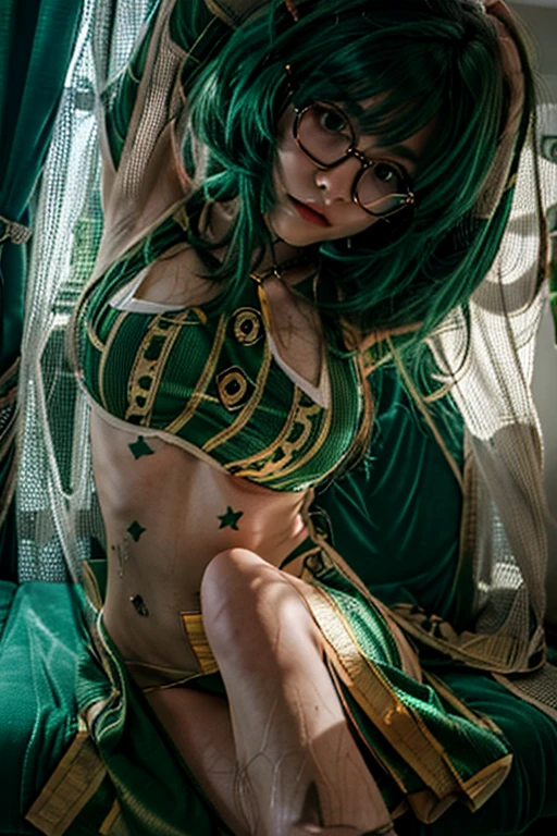 araffed woman taking a selfie in a mirror with a green hat, her belly button is exposed, green hair, exposed midriff, wearing a sexy cropped top, tinyest midriff ever, sydney sweeney, baggy jeans, beautiful midriff, physical, green hair, : tinyest midriff ever, outfit photo, full body!! maximalist details