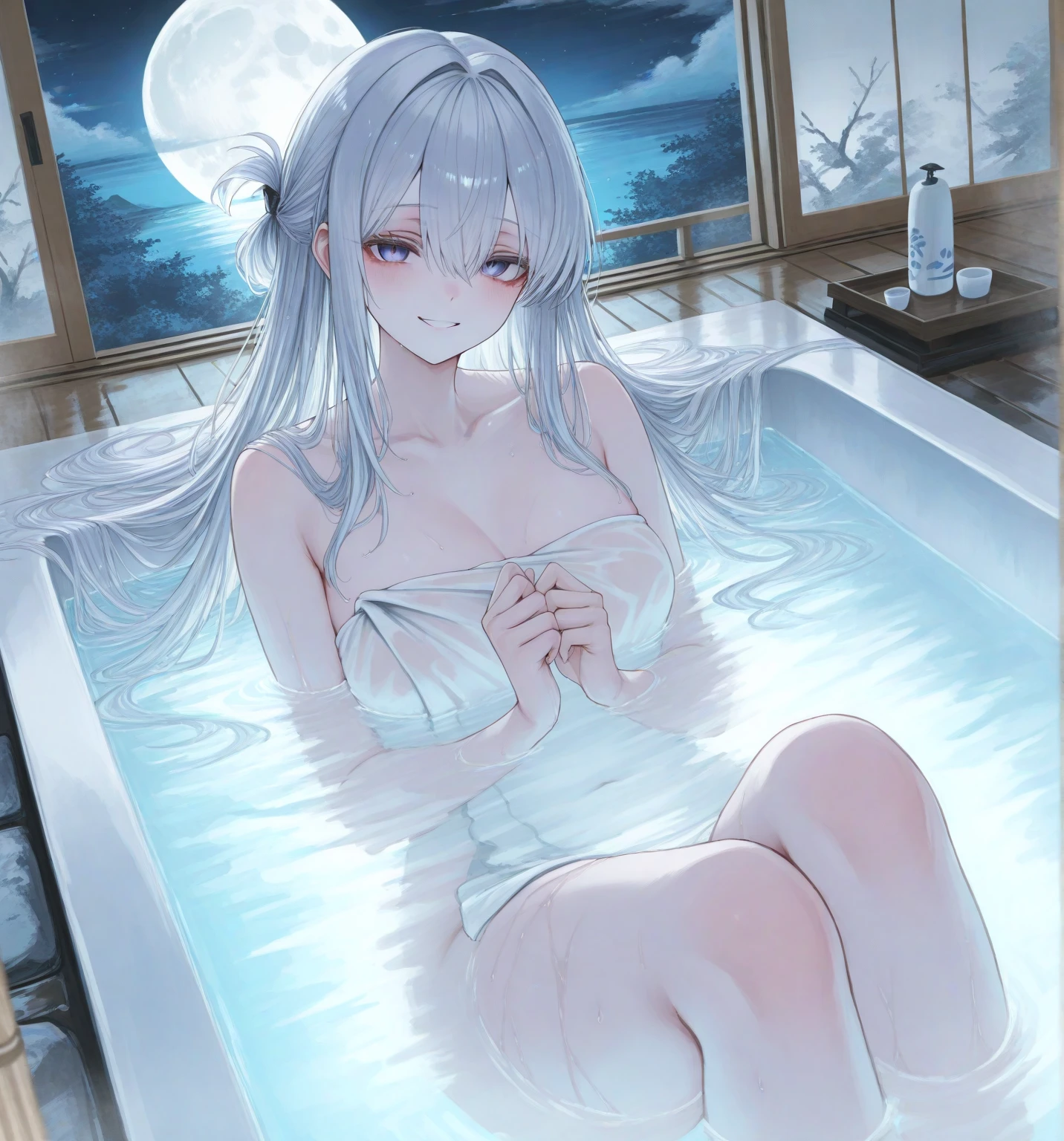 、girl、Completely naked、Completely naked、Completely naked、Completely naked、Completely naked、Silver Hair、Princess cut、Very long hair、Fox ears、Grin、Low - Angle、Hot tub、