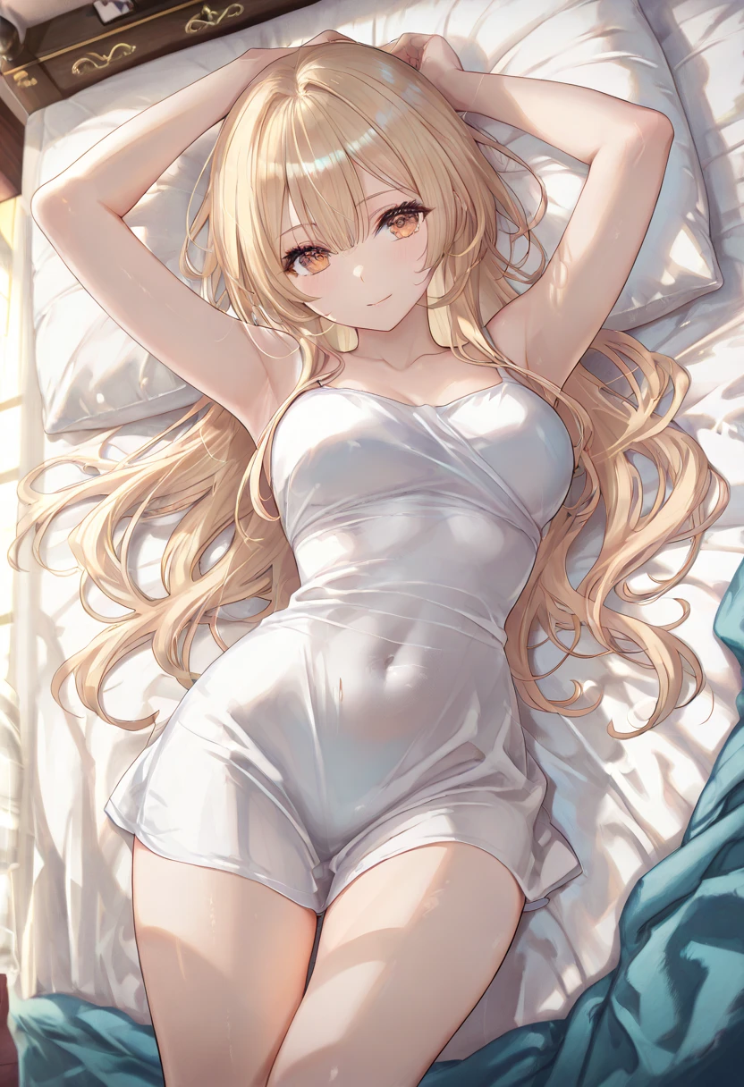 Ayaka,((golden hair)), fox ears,beautiful face,smiling, moderate breast,laying on a bed,wearing white underwear, (open mouth:0.4),illustration,detailed textures,ultra-detailed(realistic),portrait style,vivid colors,soft lighting. sweaty,  full body