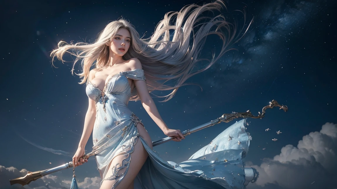 8K resolution, masterpiece, Highest quality, Award-winning works, unrealistic, From above, erotic, sole sexy lady, healthy shaped body, 22 years old, black mage, 165cm tall, huge firm bouncing busts,, white silver long wavy hair, Detailed facial depictions, Mysterious blue eyes, Standard nose, Eyeliner, pink lips, sexy long legs, big breast, Clear skin, lying in the bed, holy knight, Gothic ruffle long dress, A dress with a complex structure, Seven-colored colorful dress, Clothed in flames, royal coat of arms, elegant, Very detailed, Delicate depiction of hair, miniature painting, Digital Painting, artstation concept art, Smooth, Sharp focus, shape, Unreal, surreal, Dynamic Lighting, Fantasy art, Complex colors, Colorful magic circle, flash, dynamic sexy poses, A kind smile, Mysterious Background, Aura, A gentle gaze,  Small faint lights and flying fireflies, night, lanthanum, From above, looking down on the world below, Starry Sky, milky way, nebula, shooting star