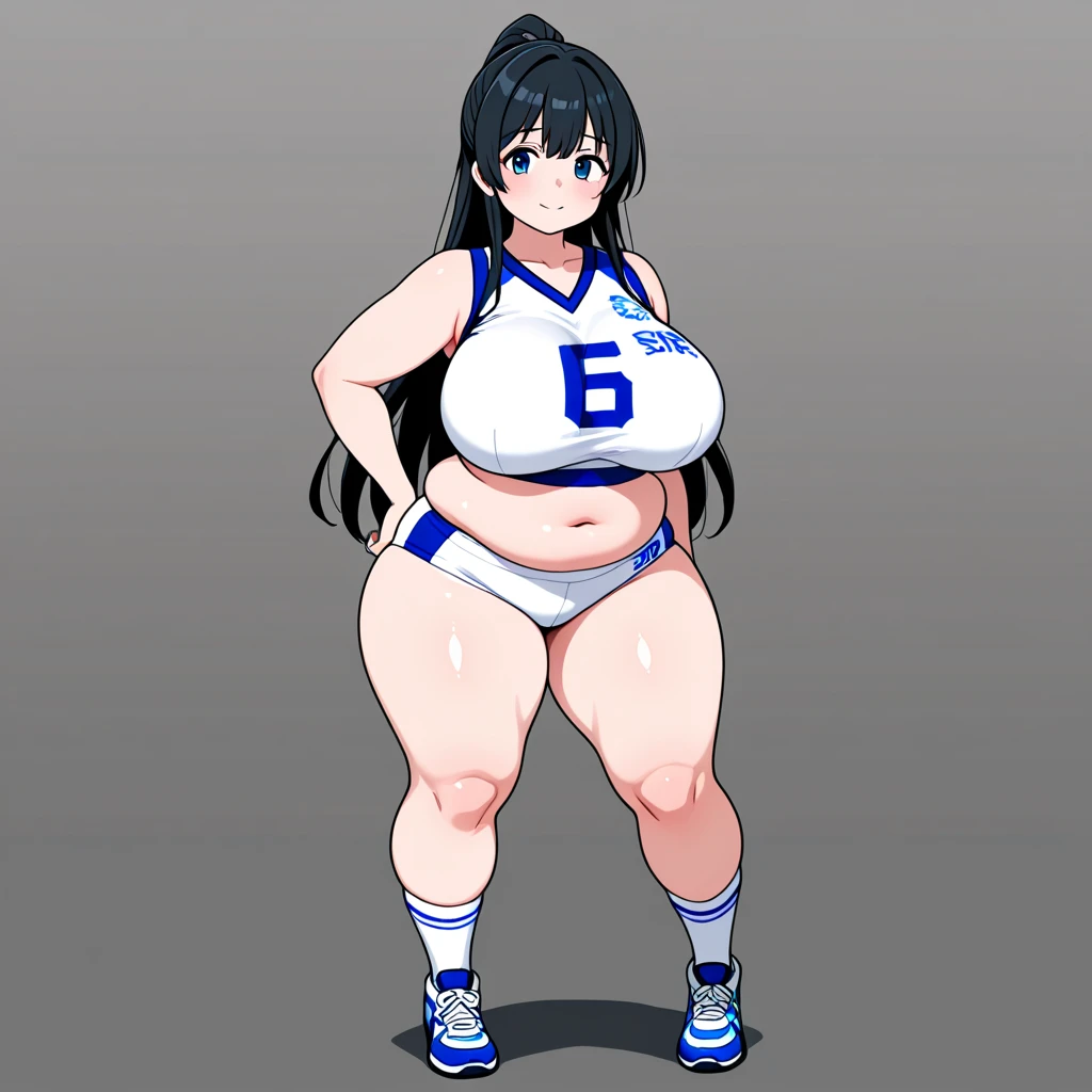 ((Masterpiece)), perfect anatomy, perfect shading, field of depth, (best quality), extremely delicate and beautiful, perfect lighting, detailed face, ultra cute face, cute, (cowboy shot 1.2), looking at viewer, full body, (((1girl))), (((solo))), cheerleader
long hair, fluffy hair, brown hair, green eyes, ((blush))), embarrassed, worried, (cheerleader uniform), (blue and white tank top 1.2), (short section skirt 1.2), thigh highs, chocker, extremely tight clothes, large breasts, cleavage, perky breasts, (((wide hips))), ((thick thighs)), ((big butt)), ((plump)), chubby belly, fat rolls, belly hang, she has a jiggly belly,
School gym, intricate background, detailed background, sweaty, out of breath, hands on hip