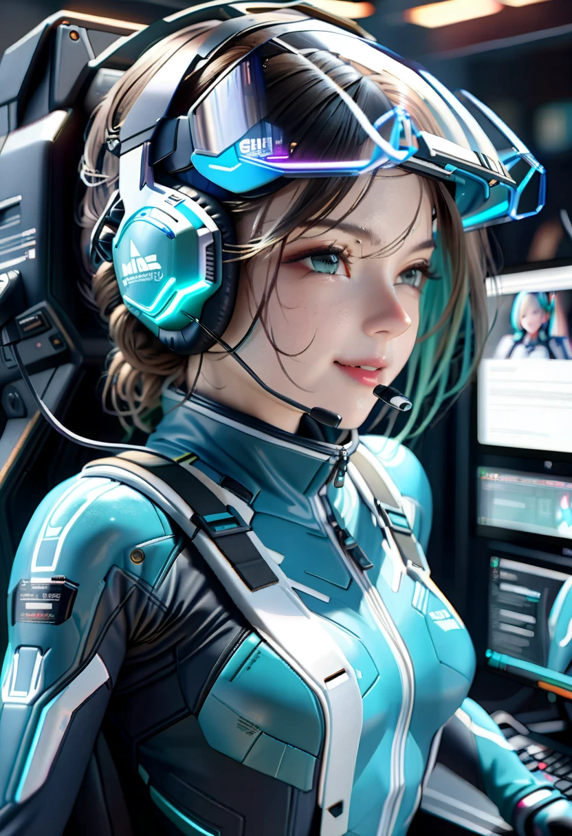 (A masterpice、最好质量、Top resolution、Distinct_image、Detailed details、portlate。Angle from above): (独奏、Lone Girl、Japan Faces、short-cut、Brown-haired girl、Whole human body、(the perfect body:1.4)、cuteness、a Pretty、Glittering blue colored eyes、Pilot suit in white and blue colors、Tight Fit Clothing、Clothing that covers the whole body、extreamly delicate and beautiful、detailed skins、Slim body、exoskeleton、lightl smile、heroine、headset on head、long boots、Facing the front、staring the viewer、Kindness、gloves)、(Inside the spacecraft、Communications Equipment、controller、cockpit、Maneuvering the Vehicle