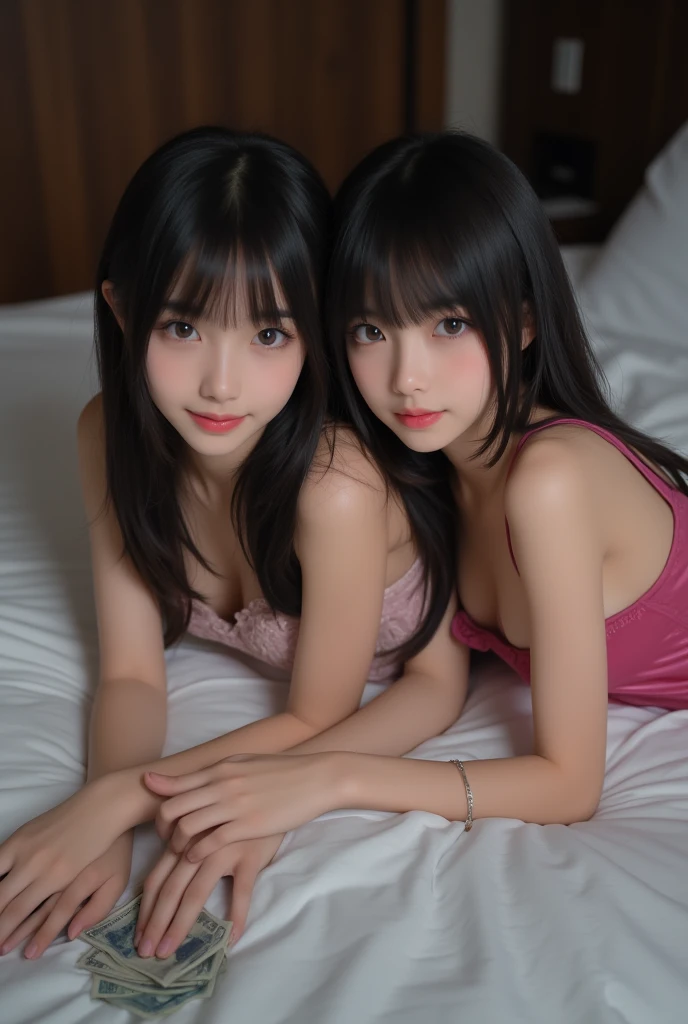 (msterpiece:1.3), (8k, RAW photo, best quality: 1.4), beautiful face, beautiful hairstyle, beautiful detailed eyes, beautiful skin, absurdres, attractive, ultra high res, highly detailed,NSFW, 3 girls in abandoned underground basement,vagina close up,necklace,arms behind back,evil smile,light long hair, ultra detailed skin,Heavy makeup, flower hairpin, naked,colorful patterned lace dress, dirty ground,sitting on bed,bondage, exposed pussy,long straight hair,blood, vagina spurting blood,slim legs,spread vagina lips, spread legs,