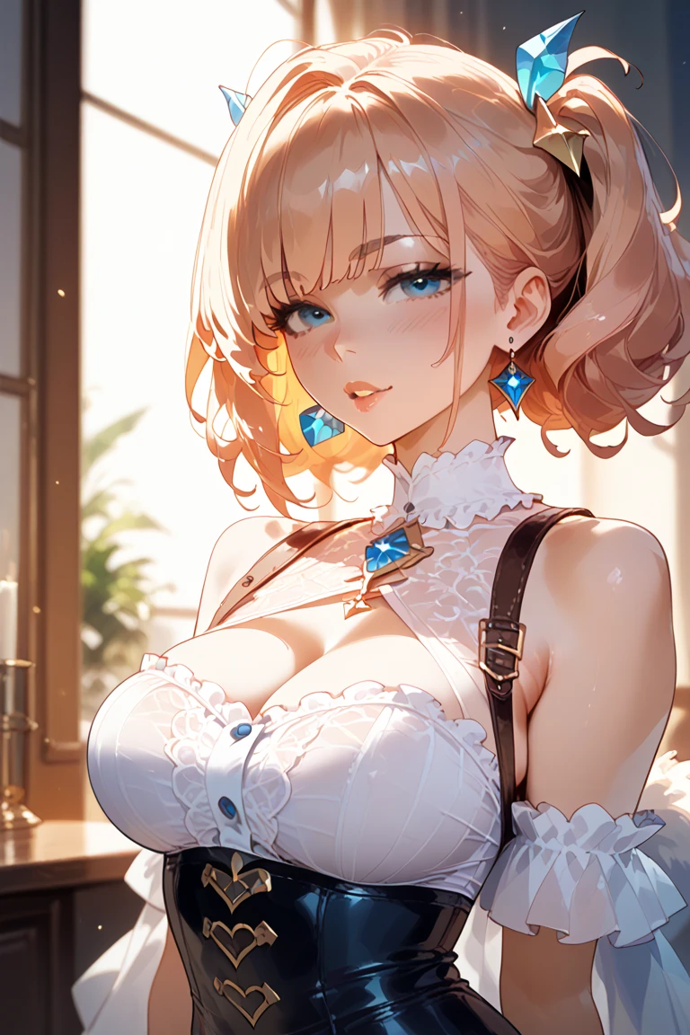 1 girl, hanbok, hat, upper body, facial details: 1.5, oversized clothing, huge breasts: 1.5,