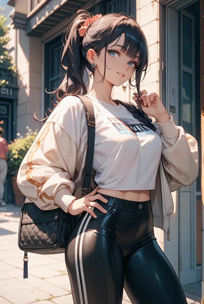 (Japanese girl),alone, masterpiece,huge breast, looking at viewer, detail eyes, (detail face:1.2), standing, (front view), (Cropped Hoodie), looking at viewer, smile, perfect breast, indoors, dolphine shorts