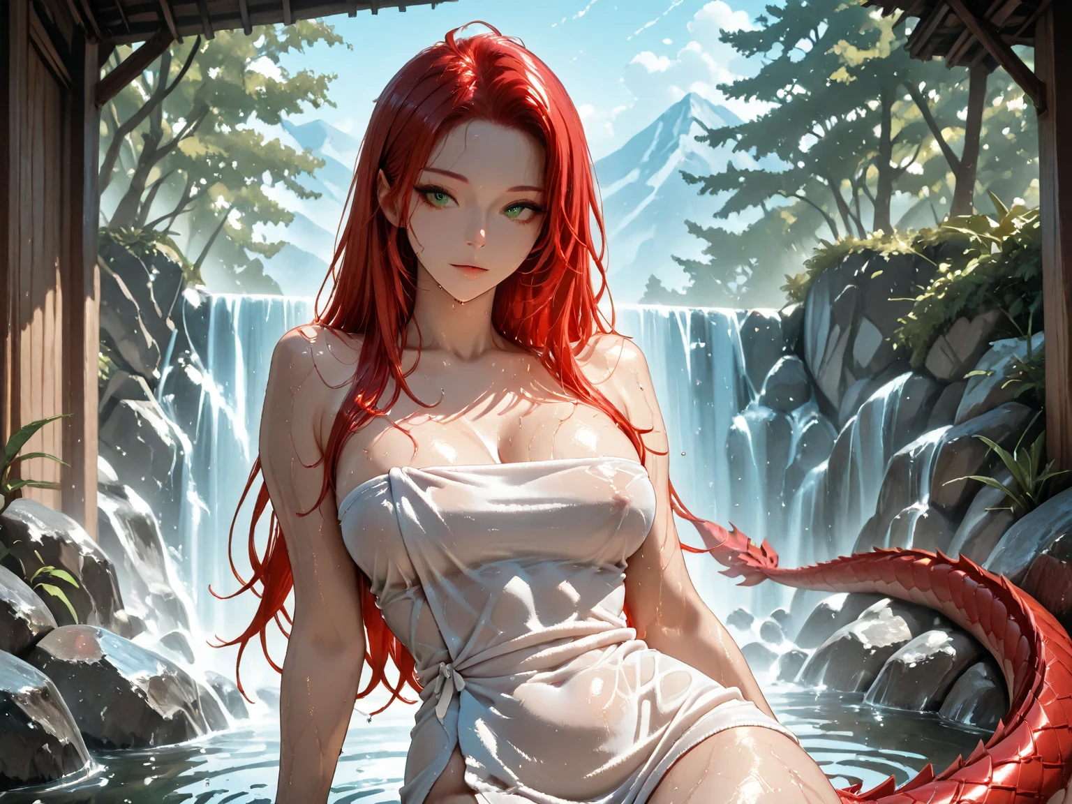 tmasterpiece,best qualtiy,8K,1个Giant Breast Girl,asuka,orange long hair,dual horsetail,Red hair accessories,eyes reflection,eyes with brightness,Pink skin,Orange sailor suit,skin reflections,eventide,cinmatic lighting,The background is a dreamy landscape of hazy waterfalls,Side view,posing on a