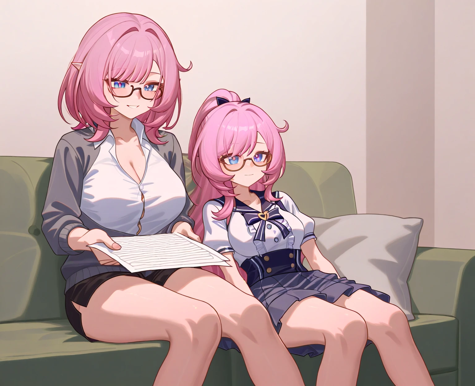 1girl, solo, long hair, breasts, looking at viewer, blush, smile, bangs, large breasts, shirt, long sleeves, holding, cleavage, sitting, closed mouth, purple eyes, jacket, full body, white shirt, purple hair, thighs, necktie, shorts, barefoot, collared shirt, indoors, feet, legs, book, bare legs, window, thigh strap, toes, soles, sunglasses, plant, couch, eyewear on head, holding book