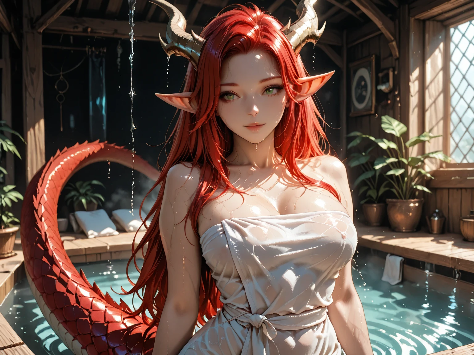 (abyss) 1girl bangs bare shoulders breasts cleavage cleavage cutout closed eyes crescent crescent facial mark double bun dress facial mark facing viewer forehead mark horns long hair medium breasts parted bangs partially submerged pink hair red hair solo very long hair wading water