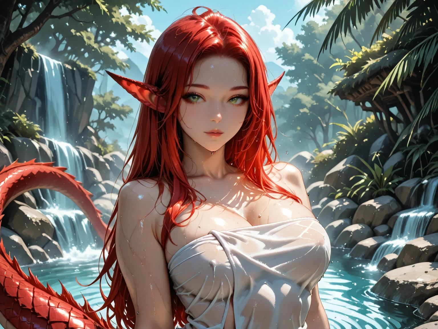 8k, RAW photo, best quality, masterpiece:1.2), (realistic, photo-realistic:1.37), ultra-detailed, 1 girl, elf, solo, cute, (flushed nose), (smile: 1.1), large breasts, beautiful detailed bright green eyes, (collar shirt:1.1), (long hair:1.2), (floating hair, partially detached hair), see through high-end lingerie, (full body), (tribal tattoo on arm), (navel ring pendant), (jewelry), vip, model, (choker), (see through pubic hair) 4k, sharp focus, high resolution, intricate, high detail, sharp focus, dramatic, twenty, long light red / pale auburn hair, braid, bangs coming just after your eyebrows, two longer side bangs framing your face, rabbit tail, (camera facing ass), white lingerie, flossy lingerie, beautiful detailed hands, Waterfall landscape with sky full of clouds and a detailed light. hair bobbles, wince, longeyelashes, solid circle eyes, fake animal ears, light smile, ear blush, fang, Surrealism, drop shadow, anaglyph, stereogram, tachi-e, pov, atmospheric perspective, high detail, Surrealism, Futurism, reflection light, lens flare, 8k, super detail, ccurate, best quality, retina, masterpiece, textured skin, super detail, 16k, UHD