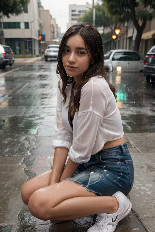 full body young woman wearing a white top and unzipped short jeans, teen girl, ethereal beautiful, slim, , soft light, rainy night, wet clothes are see-through,{{full body shot:1.2}}}, {best quality}, {{masterpiece}}, {highres}, extremely detailed girl, {{youthful attractive features}}, {tiny breast 0.3}, 