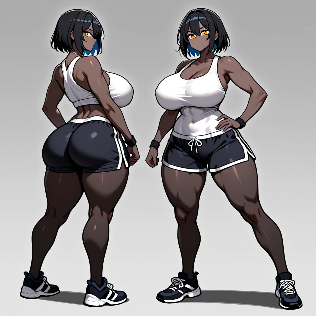 Yoruichi Shihoin, Faye Valentine, cleavage, 25yo woman, hazel eyes, yellow hairband, orange crop top, red shirt, off shoulder, tied shirt, suspenders, midriff, orange shorts, thighhighs, high heel boots, short hair, purple hair, beautiful woman, hourglass figure, solo mature woman, strong muscular woman, masterpiece, intricate detail, perfect anatomy, beautiful and aesthetic, beautiful, best quality, muscular thighs, anatomically correct, ultra detailed, realistic, mature, Thin waist,long leges, Sharp focus :1.2, A pretty woman with perfect figure :1.4, Slender abs :1.2, ((Purple hair, Big breasts :1.2)), (dark skin, dark-skinned female:1.2),