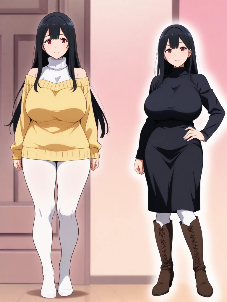 (((1 woman, with long black hair, huge breasts, completely naked, pregnant)),((1 thin woman with very short slip dress)),2 woman walking hand in hand on the street during the day,