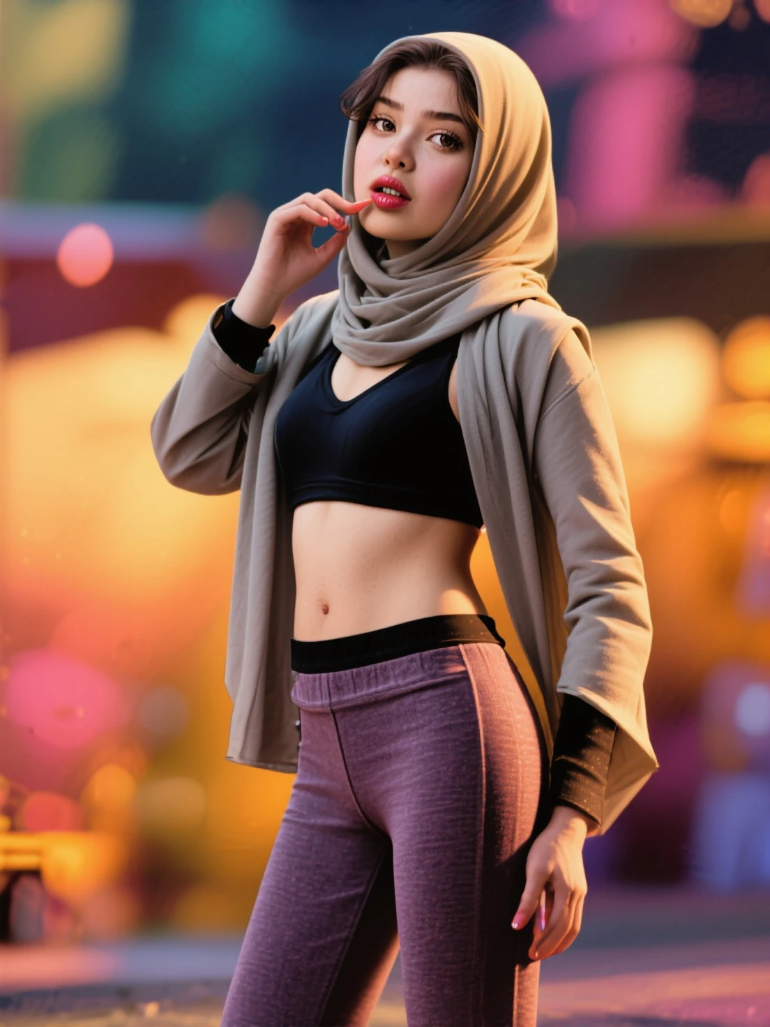 mira filzah seat and laughing, wearing blue jacket with pastel blue tank top and nighttime restaurant, wearing ( red ThaiElephantHaremPants:1.3), (mira filzah:1.2), wearing hijab, blue pastel color hijab, small breast, flat chest, bright lighting, slim,