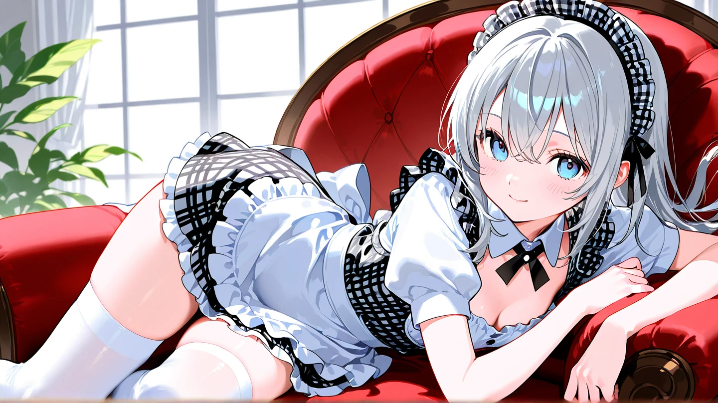 one girl, cat ears, white hairs, naive, hair eyes, light blue eyes, love me, maid, innocent, hypnosis, blush, from above, 13 years old, wariza, hands on ground, medium breasts, sexy costume, shy