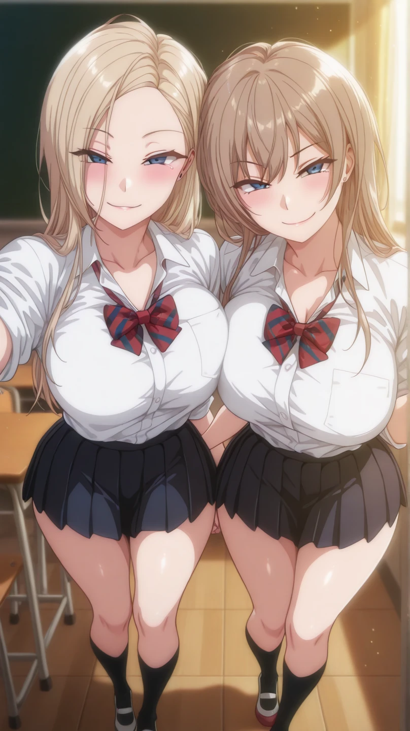 2girls,
(assisted_exposure:1.3),lift skirt
,looking down at viewer,{{{from below:1.2}}}, very low-angle shot, View from below},
short bob hair, Strands of hair,Farben Hair color
,BREAK,
 {{{shaded face}}}, grin,smile, looking down at viewer, masterpiece,absurderes, beautiful detailed face
‎Classroom
,tiny chest、red blush, gyaru, shirt, plaid, bow, blush, white shirt, hair ornament, nail polish, plaid skirt, bowtie, pleated skirt,cleavage
,looking at the viewers, BREAK,  masterpiece,absurderes, beautiful detailed face,(masutepiece:1.2), Best Quality, High resolution, Unity 8k wallpaper, (Illustration:0.8), (Beautiful detailed eyes:1.6), extra detailed face, Perfect Lighting, extremely details CG, (Perfect hands, Perfect Anatomy),(Skirt lift:1.3), (Skirt that rolls up:1.3)、(Fully exposed panties:1.5)