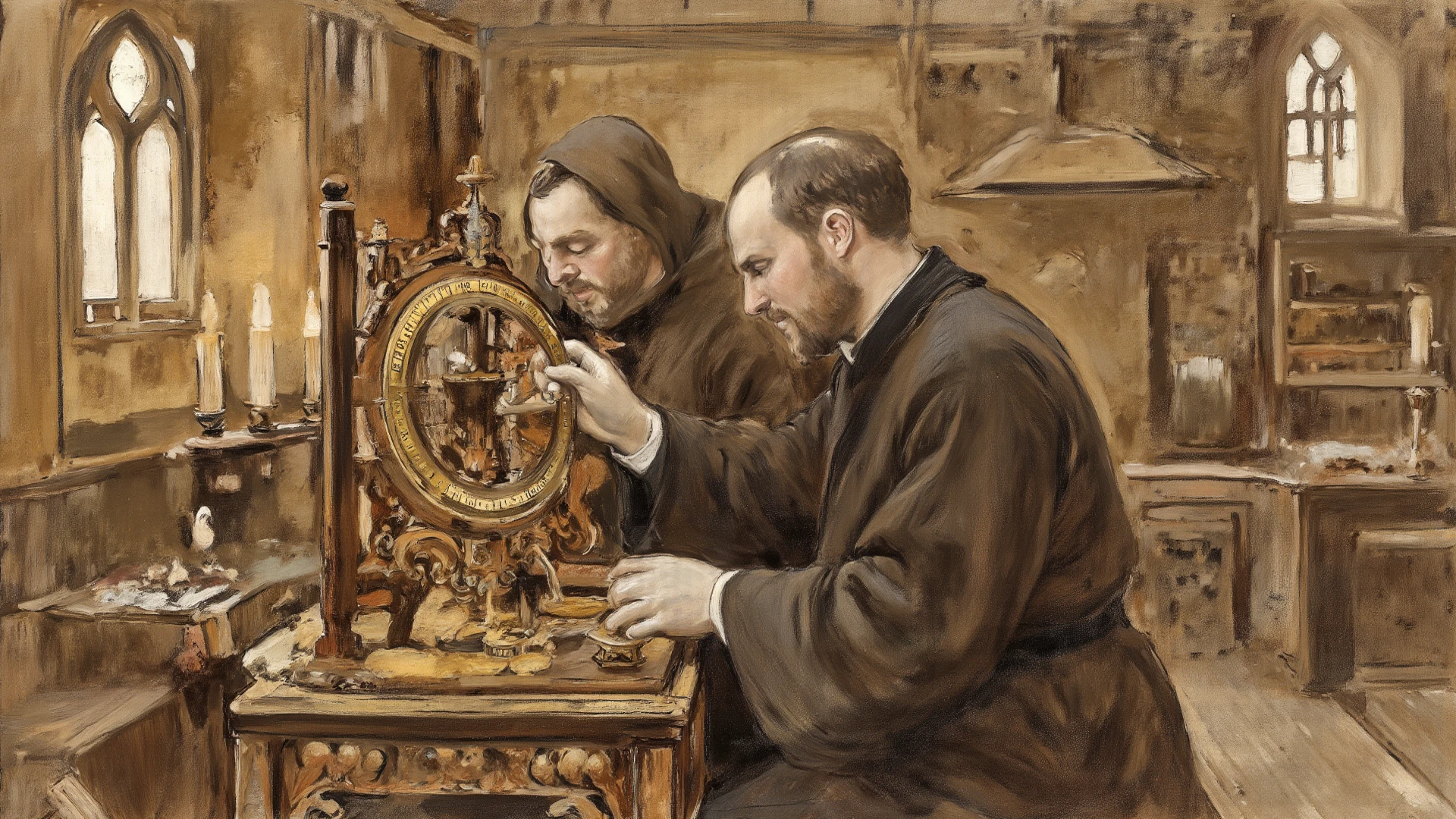 antique image of a big rack full of controls, gadgets, lights and wires and three medieval
monks wearing hood playing a synthesizer, with only one castle in the background, hieronymus bosch style, three medieval monks wearing hood, huge console full of controls and wires, three medieval monks, masterpiece