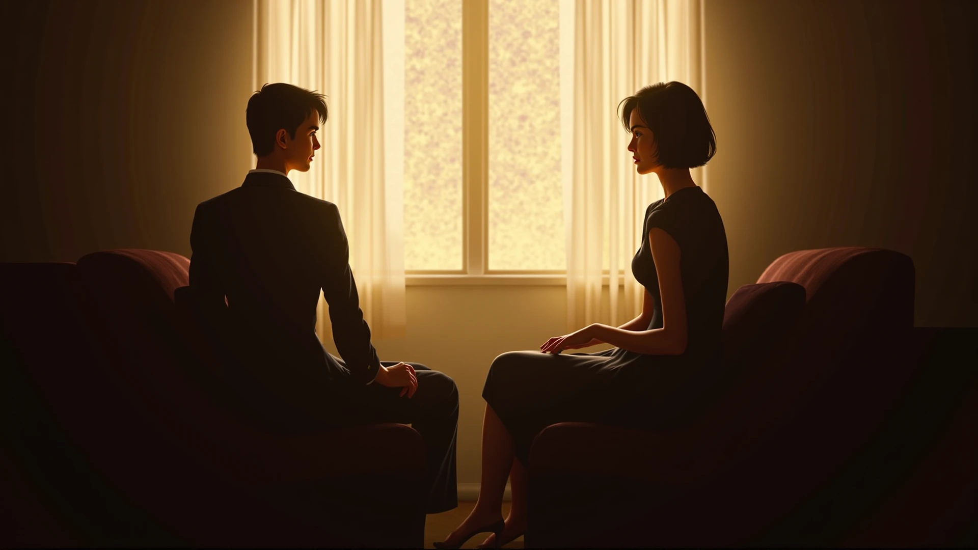 Silhouette man and woman middle aged, 40 years sitting on the couch crying,separated, black and white, realism,