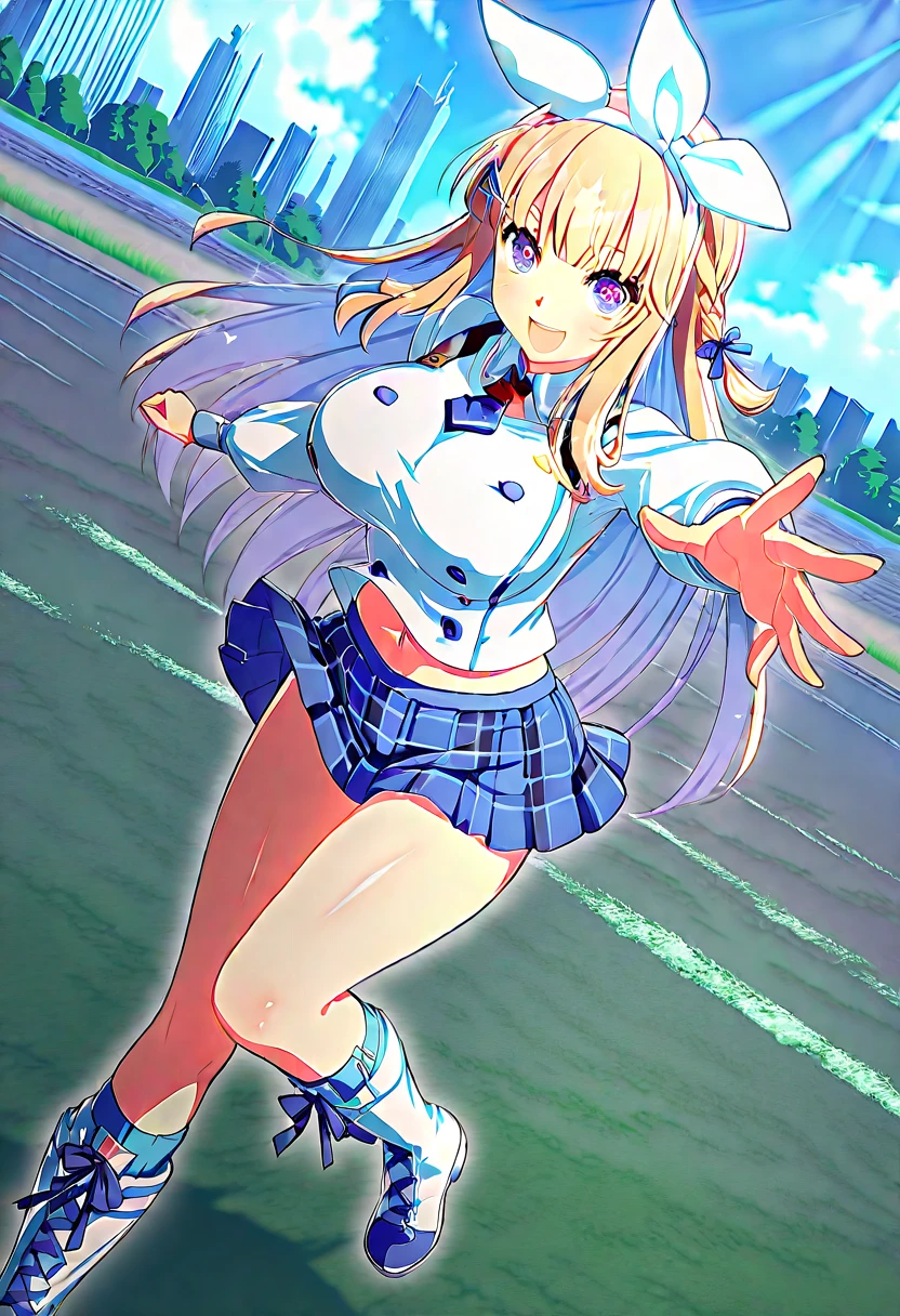 最high quality, 8k, High resolution, high quality, masterpiece, beautiful, (Anatomically correct:1.2), 10th Generation, A beautiful woman, Silky pale blonde, Twin tail hair, Light purple eyes, Beautiful Skin, Attractive person, student, Soft looking super breasts, Short stature and glamorous figure, Cheerleader, playground, seductive smile, from below, girl trembling with sexual climax, Hands behind back, (Squat), Underboob,Hanging a used condom from your waist,