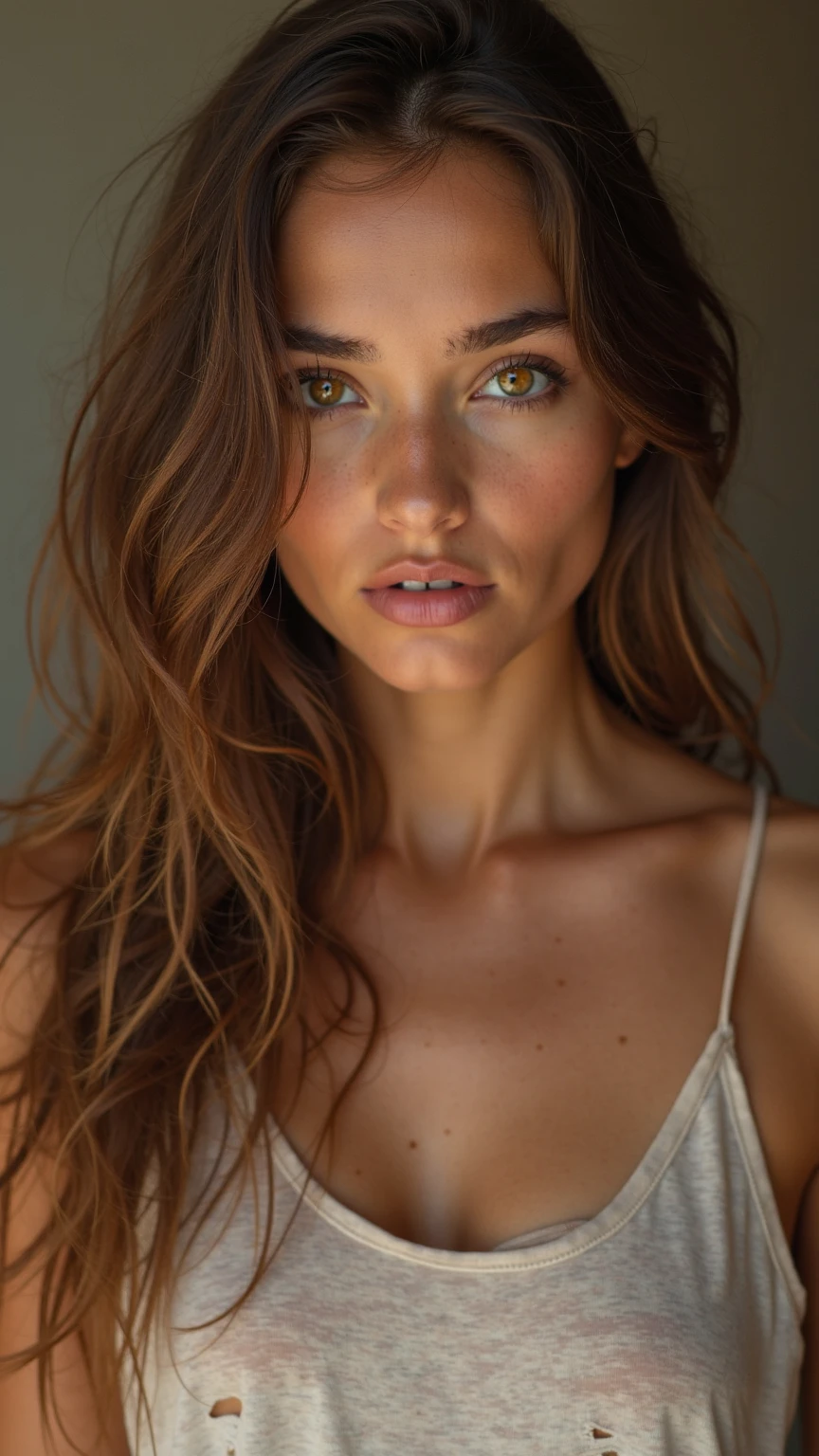 Arafed woman with long wavy and messy hair, cheveux en désordre et un haut de soutien-gorge blanc, no makeup wavy hair, instagram model, Portrait de Sophie Mudd, Alana Fletcher, beau visage attrayant, sans maquillage, fille sexy aux yeux verts, ellie victoria gale, wavy hair until'on the shoulders, an extremely beautiful face, brunette with dyed blonde hair, taken in early 2020, lovely woman
