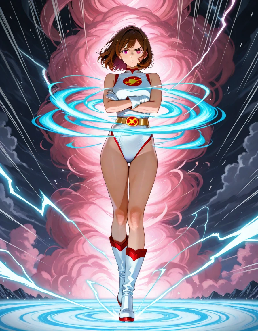 ((masterpiece)). ((best quality)), ((highres)), 1girl, solo, short hair, brown hair, purple eyes, (full body), standing, (sleeveless white and red leotard with yellow accents and star emblem embedded in chest area), (matching white gloves), ((bare legs)), superhero, tokyo city backdrop, matching boots, medium breasts, 20 age, tornado spin, twirling,