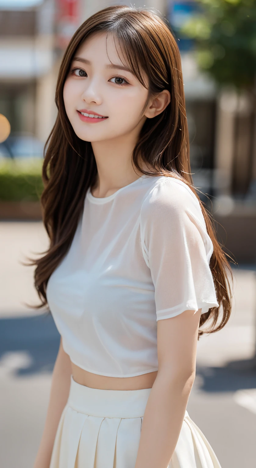 (original photo:1.2),Highest quality, Ultra-high resolution,  (1 cute korean stars,Large breast bulge) ,Slim waist, Lovely smile, Very rich facial details, Delicate lips, Delicate eyes, Double eyelids, Black long hair, Brunette God, Top-notch terrace,  Next to it is the reflected ocean, Lenses,sparse field, Bright and cheerful atmosphere, Lovely eyes, (skirt_shirt, Cropping_jacket, wrap_skirt)