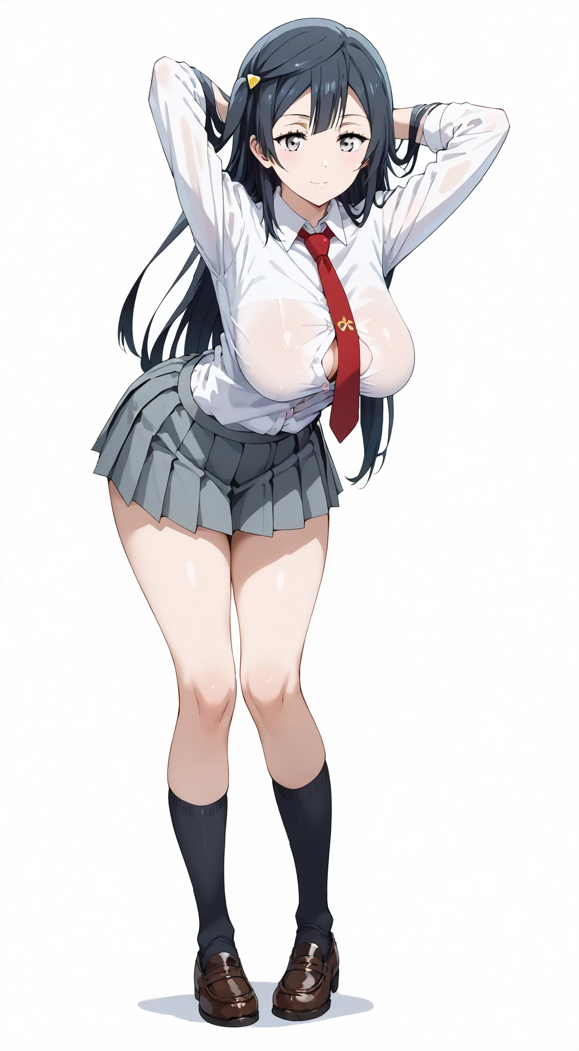 1girl, good anatomy, masterpiece, best quality,realistic, hyperrealistic, 16k hdr,shiryuuwz,school uniform, pleated skirt, ultra miniskirt,fingerless gloves, short sleeves, bowtie, shirt, black socks, shoes, loafers,perfect face, nice eyes and face, textured skin, absurdres, grey hair, green eyes, shiny hair, long hair, very long hair, shiny, shiny skin, large breasts,(closed eyes:1.3), standing, outdoors, (strong wind:1.2), levitation hair, natural light,from below,(micro panties:1.2),spread legs,cameltoe,(sweat:1.1),(dynamic fighting pose:1.3),(holding sword:1.1),
