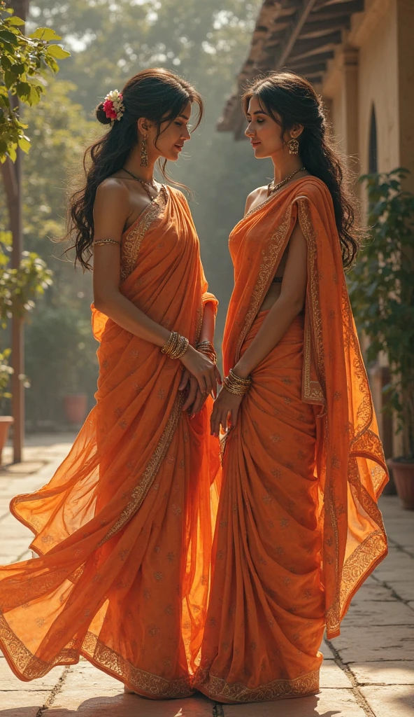 (photorealism:1.2), boys wearing saree. The saree should be traditional Indian women saree. They should be standing. Their height should be 5'5. They should have long hair