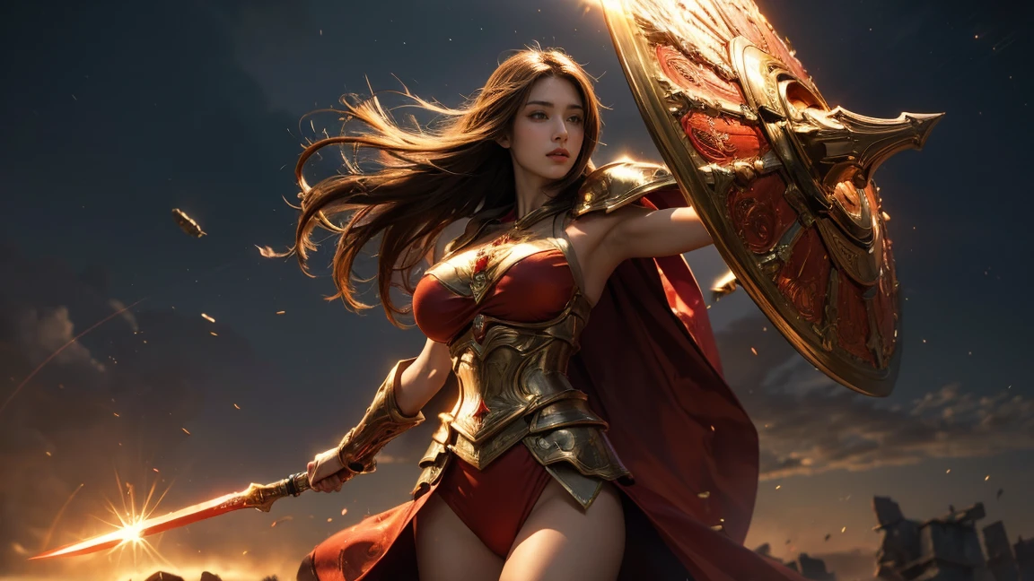 photorealistic mixed oil painting of woman warrior in gladiator amor suit with beautiful breasts , medium breasts, The setting should be grand and richly decorated , medium long shot , cinematic light , blur effect ,fantastic ,dim light atmosphere , elegance pose, battlefield cloudy sky lightning strikes background