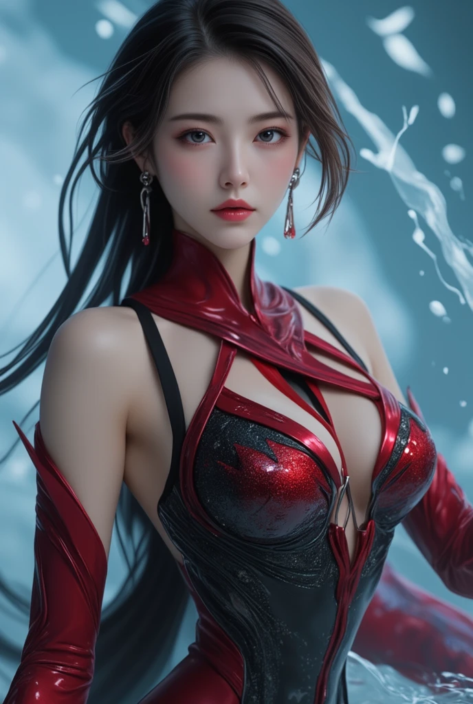 1 beautiful devil woman from hell, In the Dark: 1.6), surreal female portrait by David Hockney and Alphonse Mucha, fantasy art, korea doll, photorealism, dynamic lighting, artstation, poster, volumetric lighting, very detailed faces, 8k ultra, Awarded, in the dark, deep shadow, low key, cowboy lens, (Red phoenix dress: 1.4), long hair, black hair, bust, luxurious palace, Royal style, devil crown, red eyes make up very sharp and detailed, The most beautiful face, The breasts are very big and round and round, Super realistic, chinese women's clothing, polo neck sweater, Charming smile, The eyes are very well made up, guweiz, devil style, wearing black mesh socks, Ponytail with a bow tied at the back of the hair, Red black lips, Devil tattoo on shoulder, wearing a thin red and black robe, the landscape is overcast and thunderous, (Portrait), Close-up of the main character, (Background details 1.8),