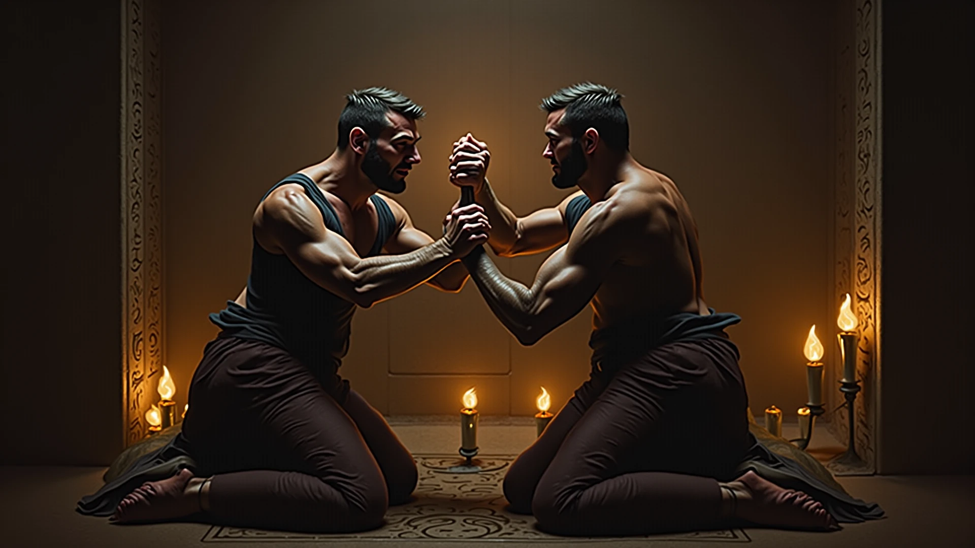 Men doing yoga in a room full of candles and plants