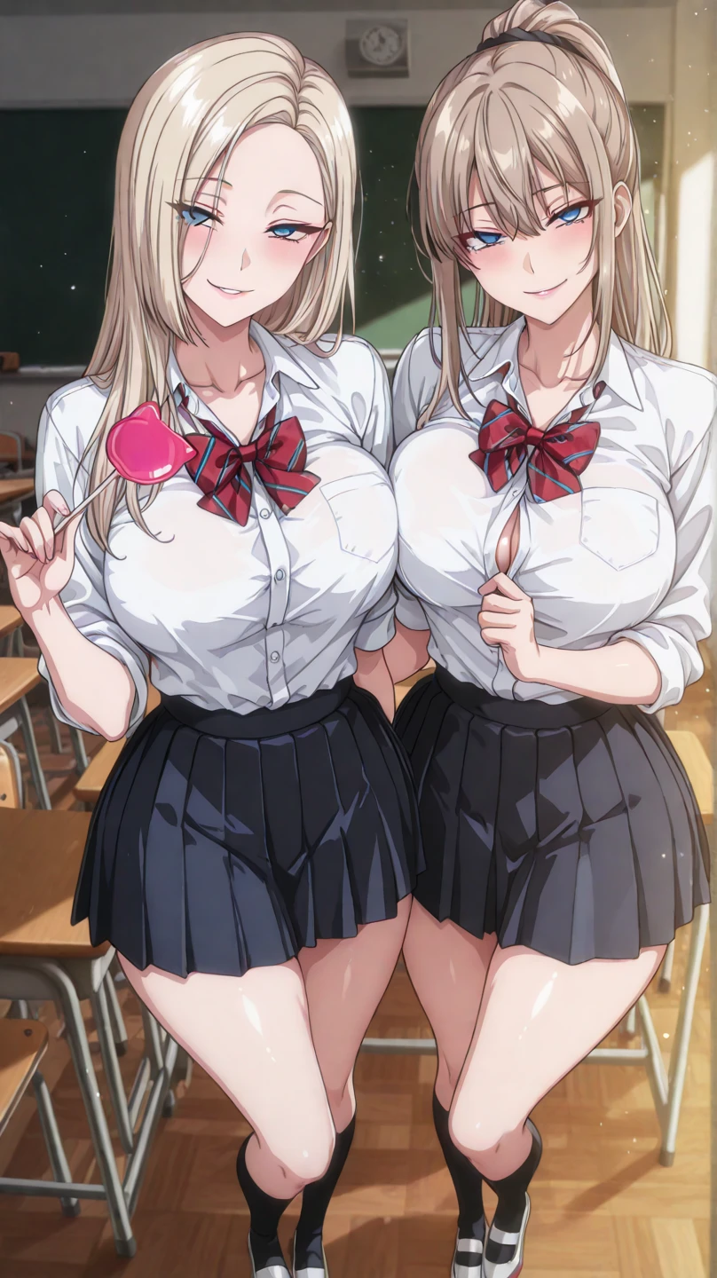 Two busty girls rub each other's breasts in their underwear while giving a blowjob to a boy in a school classroom
