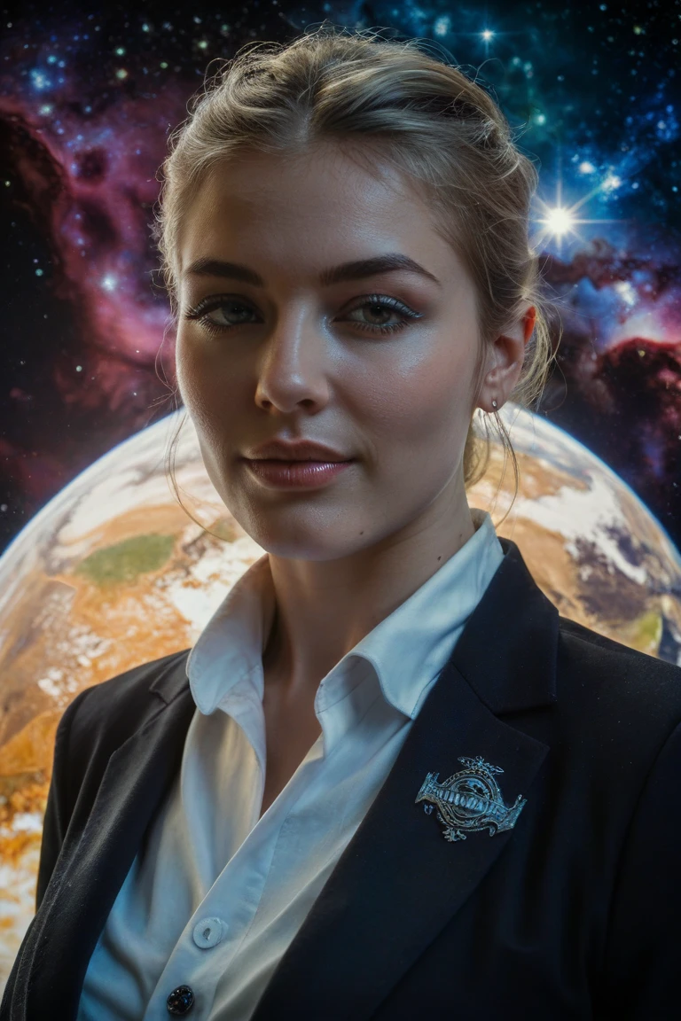 photo of beautiful (Al3x4Fl3xy-135:0.99), a woman, perfect hair, (modern photo), wearing a (business suit:1.2) and jeans with jewelry, portrait, 85mm, (analog, cinematic, film grain:1.3), (Galactic Observatory, Space observatory studying distant galaxies, black holes, and cosmic phenomena.), detailed eyes, professional pose, painted lips, (epiCPhoto), (looking at viewer:1.1), (cinematic shot:1.3), (natural lighting, lit from above), <lora:add_detail:0.5>