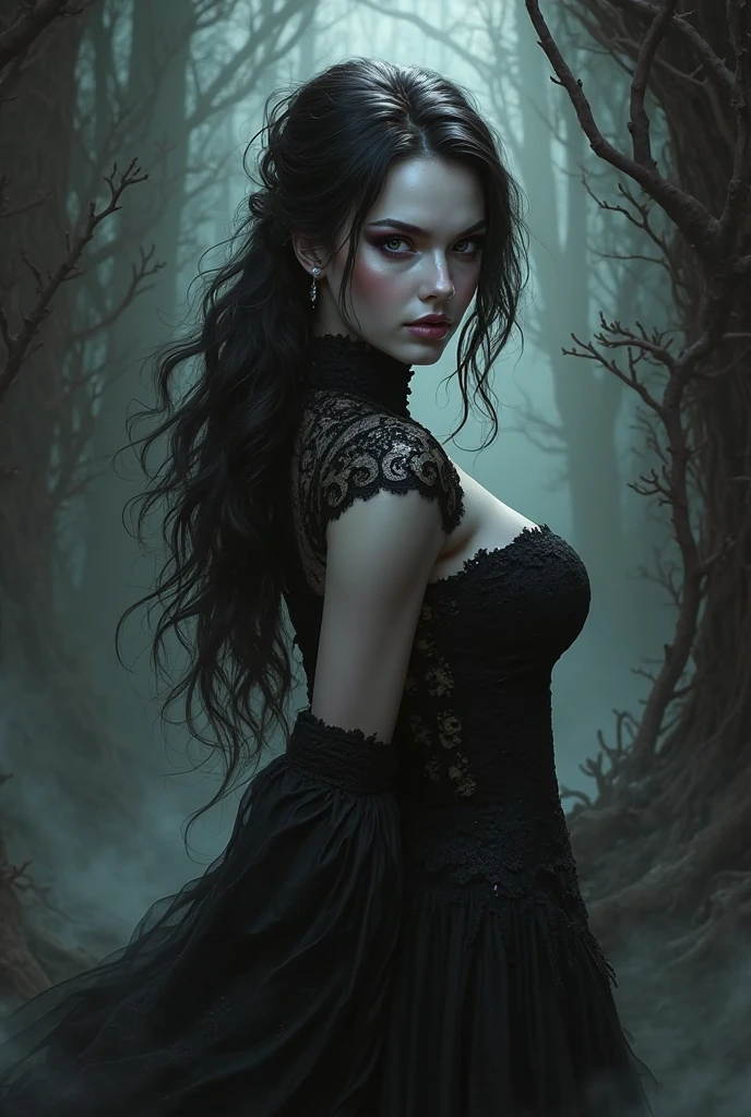 brunette with long hair in dark fantasy, full body with legs