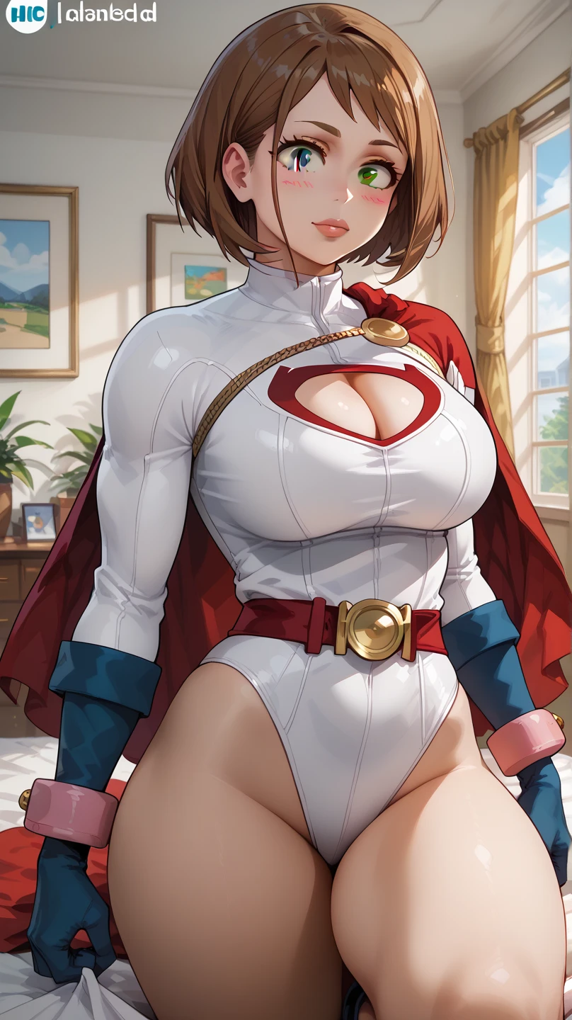 score_9_up, score_8_up, score_7_up, 1girl, solo, source_anime, hourglass figure, Big breasts, kemonomimi, bear ears, brown hair, short hair, messy_hair, closed eyes BREAK freckles, (cosplay), super girl cosplay, super hero, white bodysuit, cleavage cutout, red cape, blue gloves, blue boots, brave smile, closed mouth, standing, looking at viewer, outdoors, urban area, daytime
