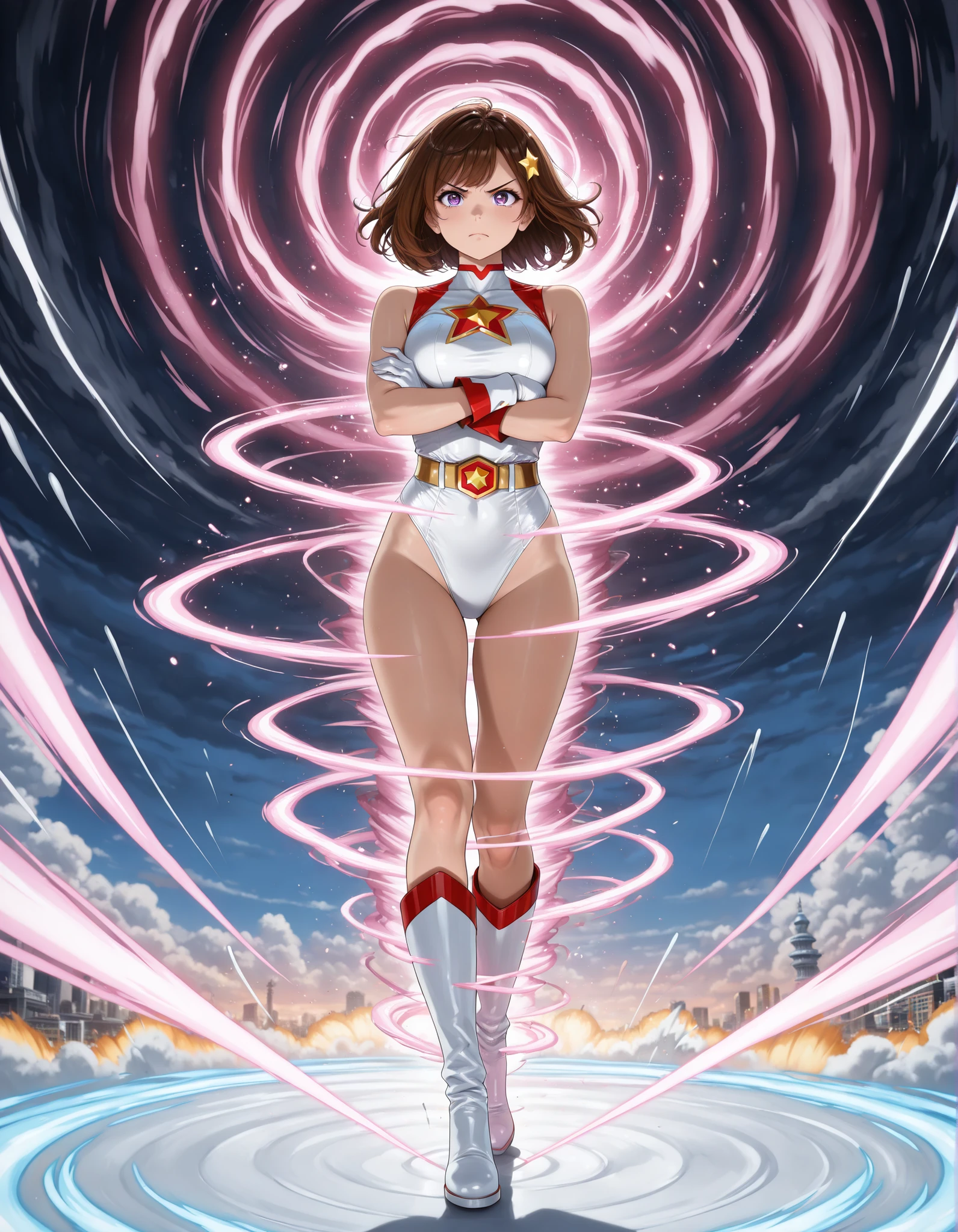 (masterpiece), (best quality), (high res), 1lady, tall body, beautiful detailed eyes, beautiful detailed face, serious, perfect hands, complete fingers, perfect anatomy, perfect proportions, ((brown hair, medium hair, hair down)), ahoge, ((green eyes)), ((leotard, white leotard, matching leotard)), ((white dress collar, open collar)), ((bare legs)), ((boots, matching boots, ankle-high boots, red boots)), breasts, medium breasts, (full body portrait), (solo, solo focus), cowboy shot, space backdrop, ((yellow V (symbol) on chest)), ((red leather jacket, open jacket)). (T-pose, legs together). (spins fast in place like a tornado, whirls fast in place like a tornado, tornado whirling, spiral lines around her, spinning energy pulse around her, storm winds around her, whirls into a tornado, (she whirls) in (super speeds)). full body costume design.