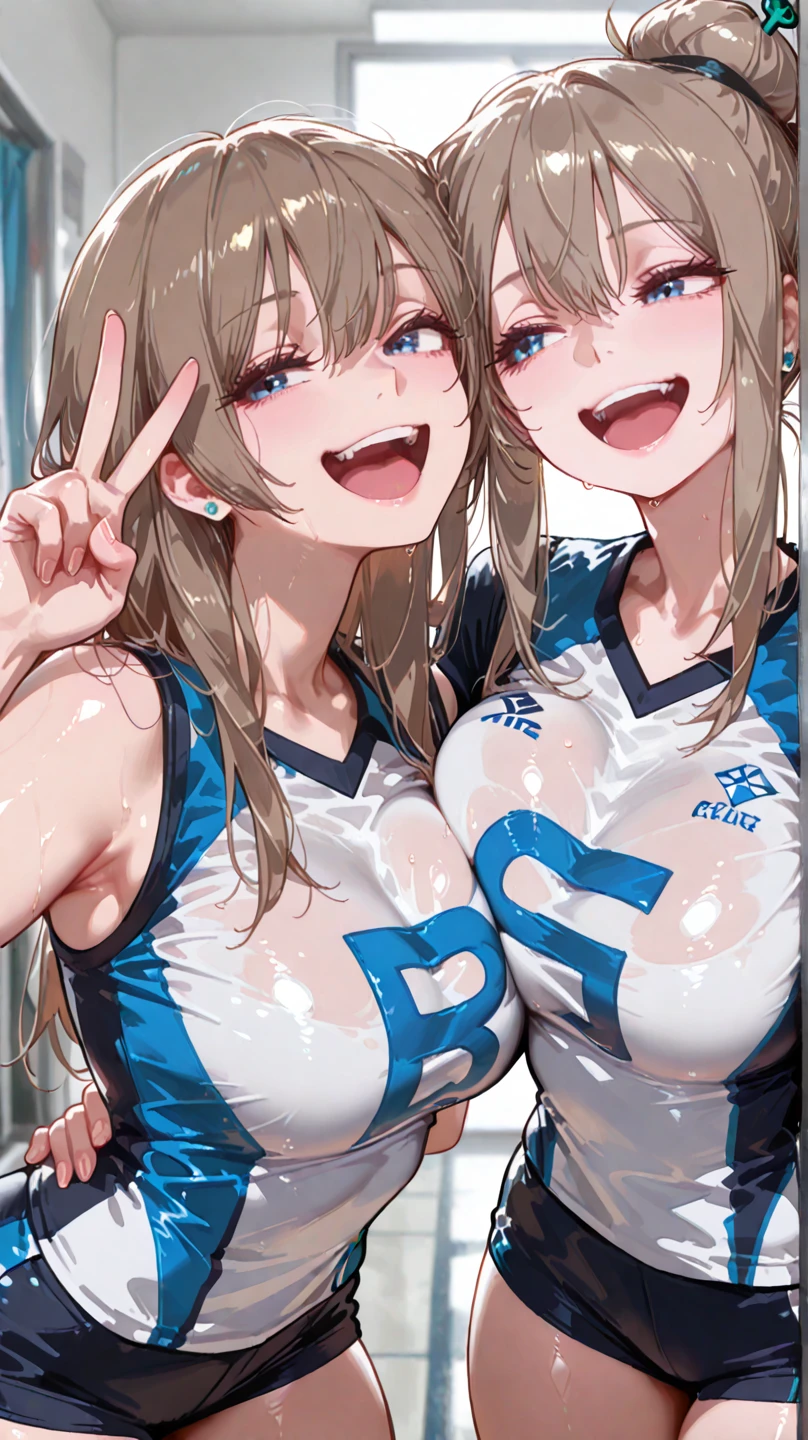 NSFW, ( 5 milf idol girls alongside ), comic magazine cover, multiple girls, 18-years old, Looking afar, Stadium fields and tracks,leotard,running,runway, (sportswear combination leotard:1.4), bared chest, (Big breasts), Black hair, Blonde hair, Beige hair, (glad:1.3), ( Tuck Up Sportswear:1.7 ),(thong panty:1.7 ), Open cloth ,Even before shooting,( large amount of cum on panty:1.3 ),( large amount of cum on chest:1.3 ),( large amount of cum on face:1.3 ),