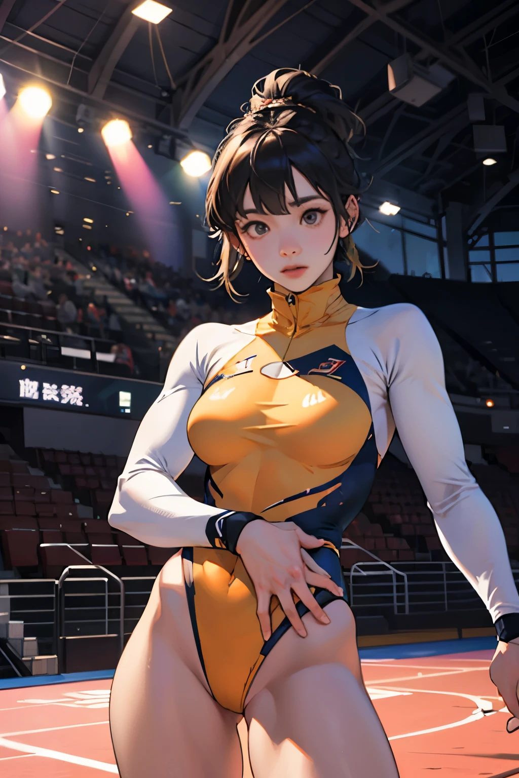 Realistic，.Wearing a leotard，Gymnast，Gymnastics arena，笑face，face，Skin realism, Y-shaped balance