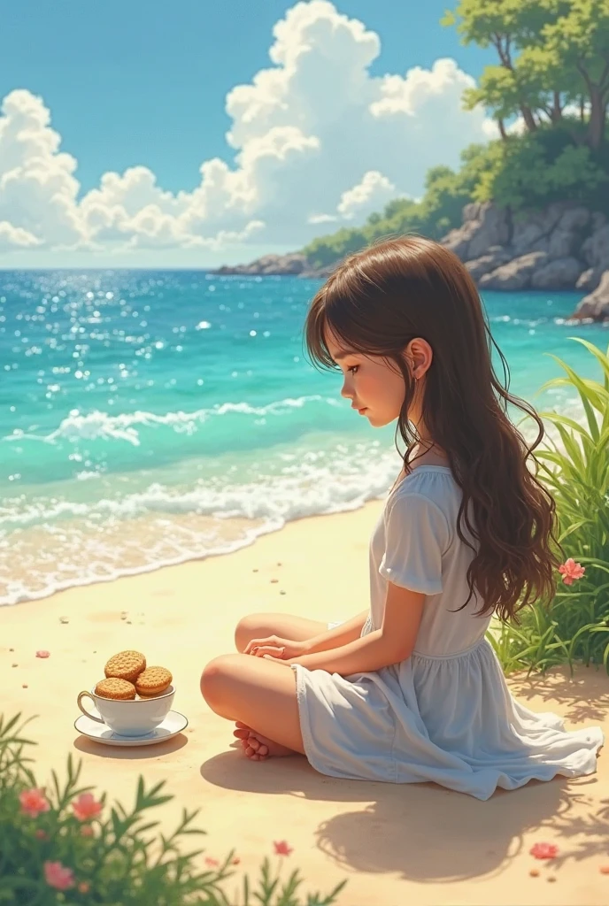 Cute double ponytail,How flowers are on the head,Holding a drink in your hands,On the sandy beach,There are coconut trees in the back,A man under the tree was hit by a coconut --auto