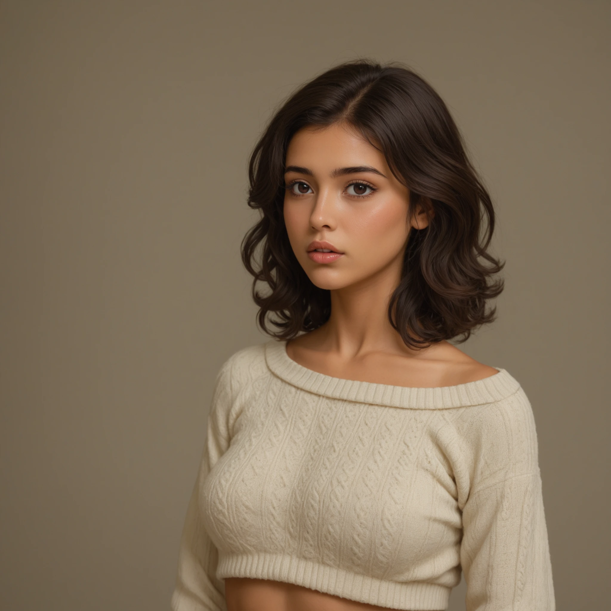 118 year old girl, solamente, Cabello largo, senos, Mirando al espectador, cabello rubio, hombros desnudos, brown eyes, jewely, cuerpo completo, collar, fuera del hombro, pullover, labios, realista, nariz, flirting with camera