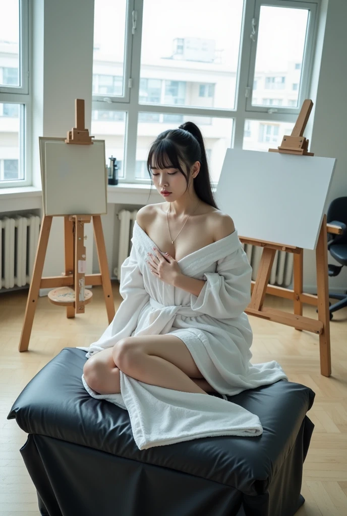 Sei Shonagon writes The Pillow Book while naked and looking at her own body., Full Body Shot