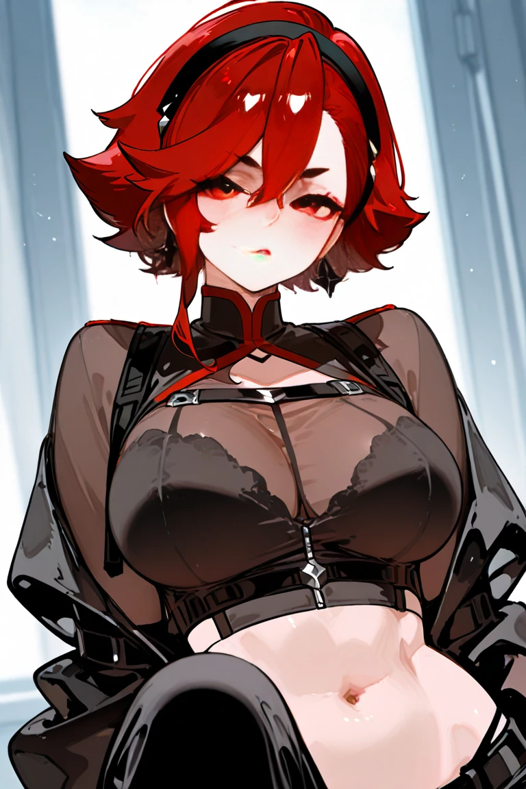 (highest resolution, clear_image) highest quality, a female's masterpiece, very detailed, semi-realistic,(most of the body), (highest quality, masterpiece, Super realistic),deep red hair, wolf cut, Torn black bangs, open jacket, shadows on the eyes, short hair, wolf cutの髪, green and blue stripes in hair, Eyes down, gone crazy, have, look up, cowboy view,intimidating pose、The whole body from head to foot、Powerful atmosphere、sharp eyes、cool beauty、walk with authority、suit、lift your hair with one hand、empress、adult dignity、Queen、胸元の開いたsuit、黒いドレスsuit、black pants、